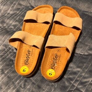 Beige Double Strap Slide Sandals